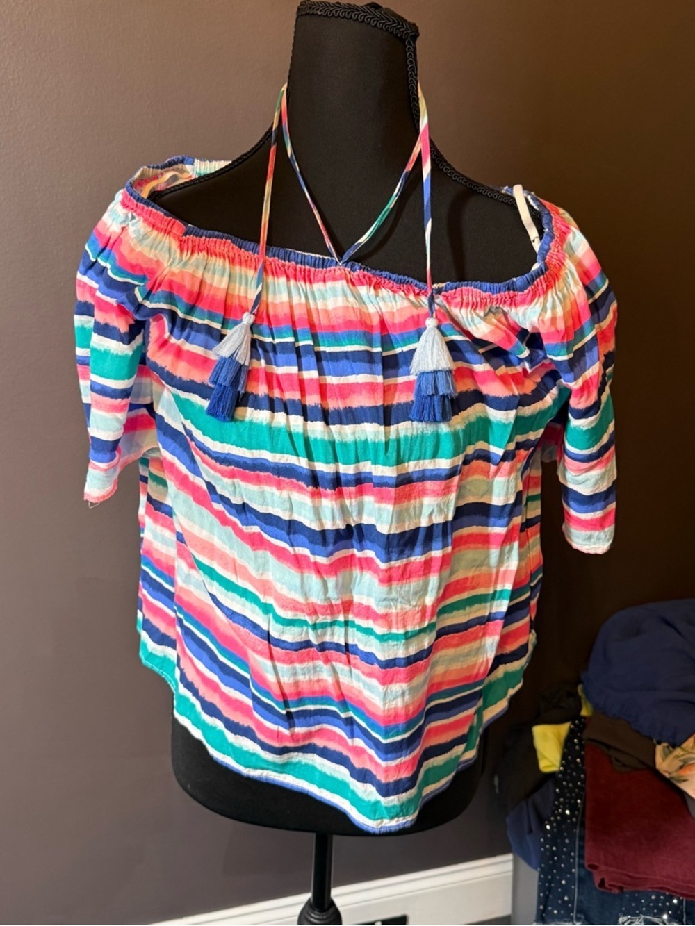 Lilly Pulitzer Multicolor Striped Off-Shoulder Top with Tassels